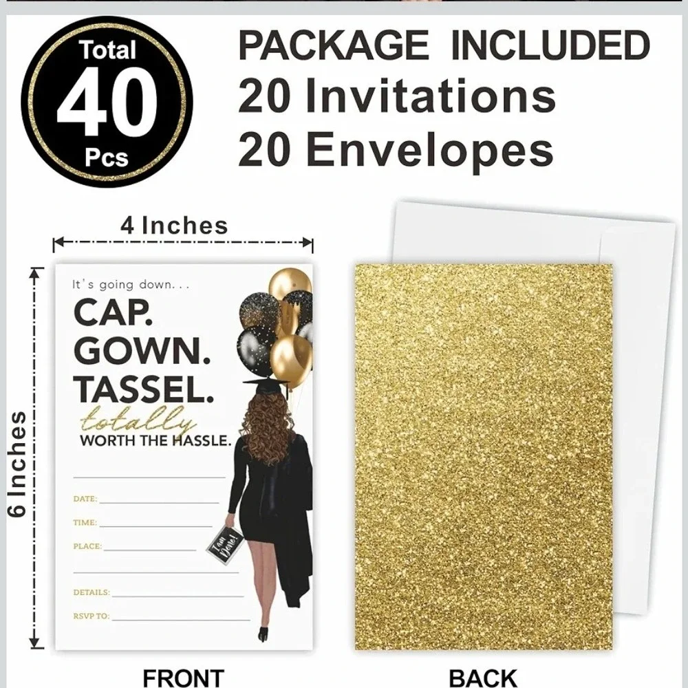 Graduation Invitation Cards Gold Glitter Cap Gown Tassel 20 count